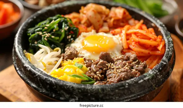 Korean Food, Bibimbap with Rice, Beef, Egg, and Vegetables