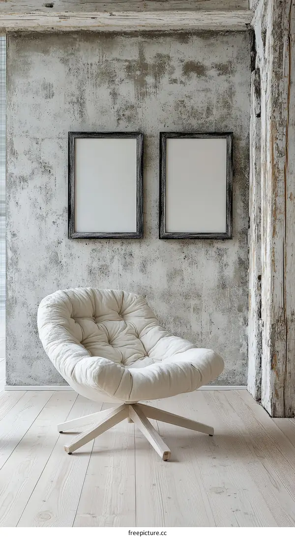 Modern Beige Armchair in a Rustic Room with Blank Frames