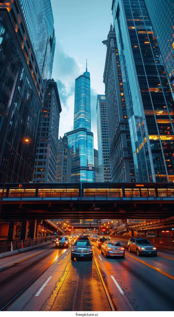 City Street with Skyscrapers and Cars Driving on the Road