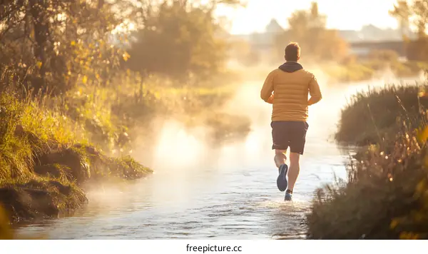 Man Running Through Foggy Stream in the Countryside