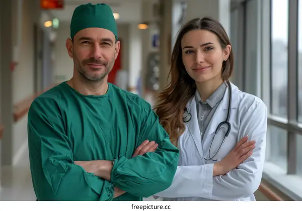 Portrait of two doctors in scrubs and a lab coat standing in a hospital hallway smiling