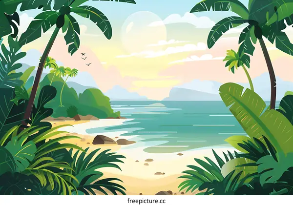 Tropical Beach Illustration with Lush Greenery and Calm Ocean