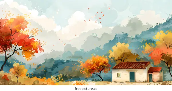 Autumn House with Colorful Trees