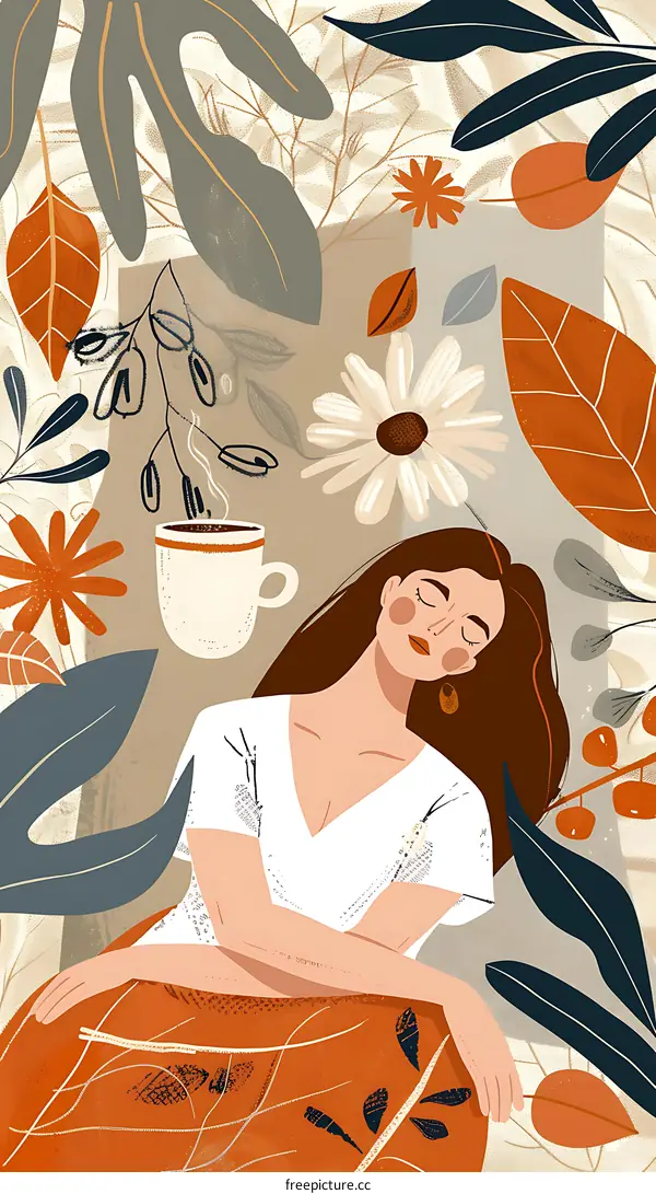 Woman Sitting in Leaves with a Cup of Coffee