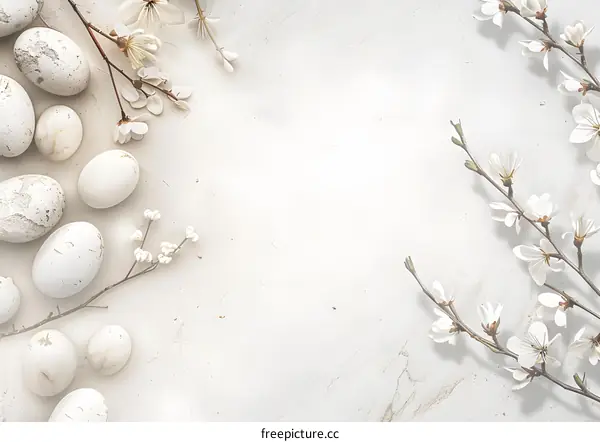 White Easter Eggs and Flowers on Marble Background
