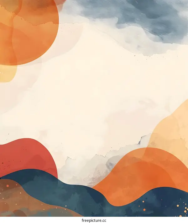 Abstract Watercolor Painting with Blue, Orange and Brown Colors