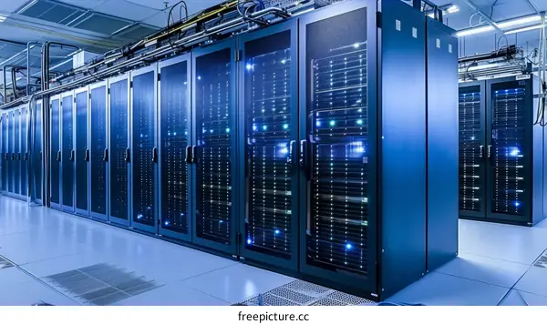 Server room with rows of server racks containing multiple server blades