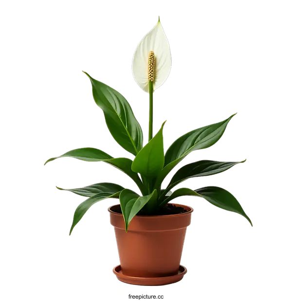 [Transparent Background PNG]White Peace Lily Plant in Brown Pot Against transparent background