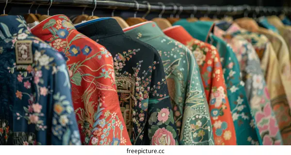 A rack of traditional chinese clothing with floral patterns.