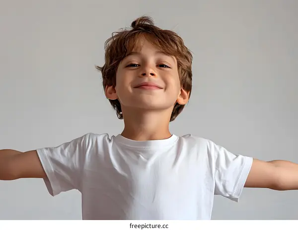 Portrait of Happy Caucasian Boy Wearing a White T shirt