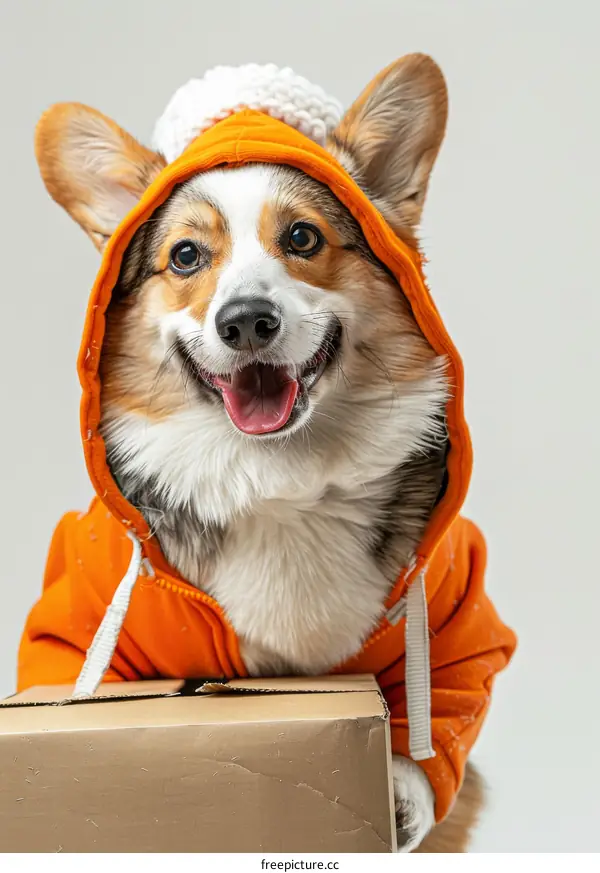 A cute puppy wearing an orange hoodie sits in front of a box