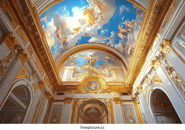 Golden Ceiling with Fresco Painting of Angels in a French Palace