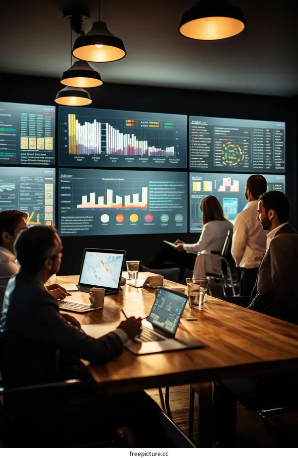 Diverse group of business professionals discussing data and analytics in a modern office