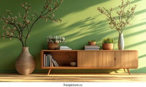 Stylish Green Room with Wooden Furniture and Floral Decor
