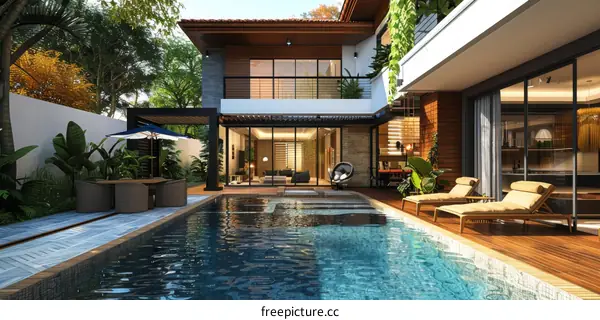 A beautiful house with a pool and a garden