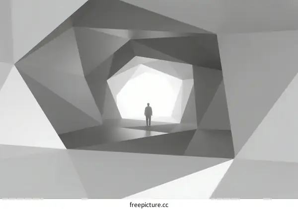 A Person Standing in a Geometric Tunnel with Bright Light at the End