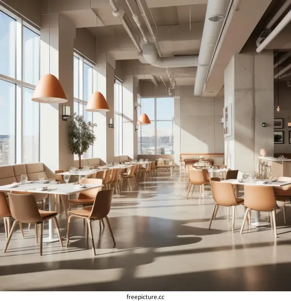 Modern Restaurant with High Ceilings and Large Windows