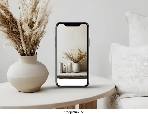 Minimalist Home Decor with Vase and Dried Flowers on Phone Screen