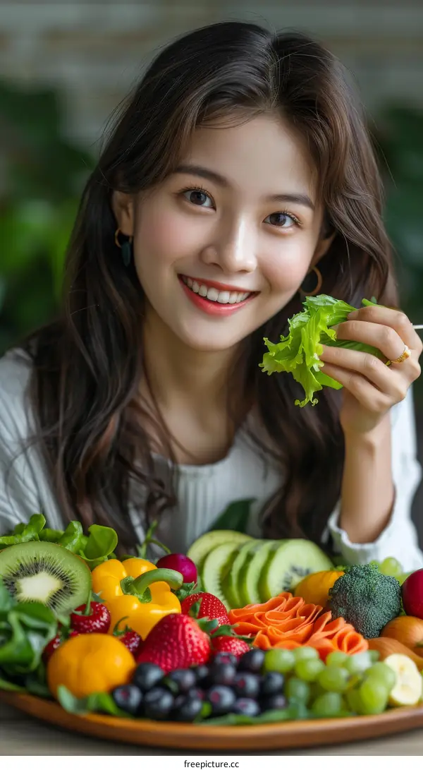 Portrait of a young Asian woman eating a salad