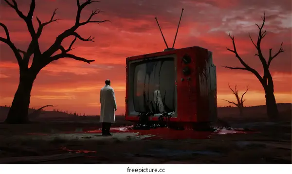 A Desolate Landscape with a Broken Red Television Under Dramatic Sky
