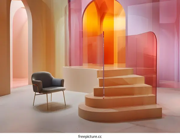 Modern Minimalist Interior Design with Curved Glass Walls and Stairs