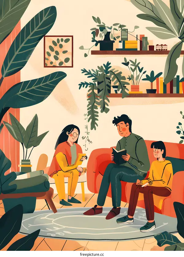 Family Reading Together in Cozy Living Room with Plants and Books