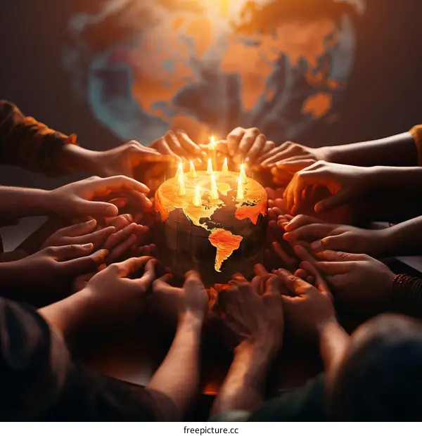 Hands of a diverse group of people holding a fragile burning Earth globe together