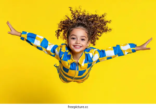 Joyful Child Soaring in a Yellow Background