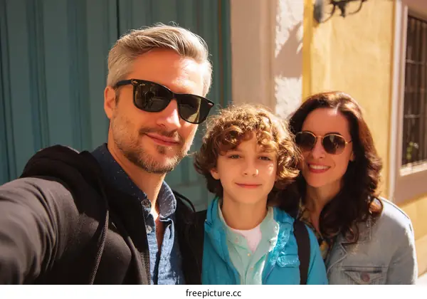 Family Selfie in European City Street
