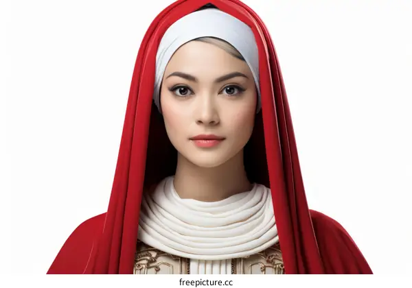 A young woman wearing a red hijab