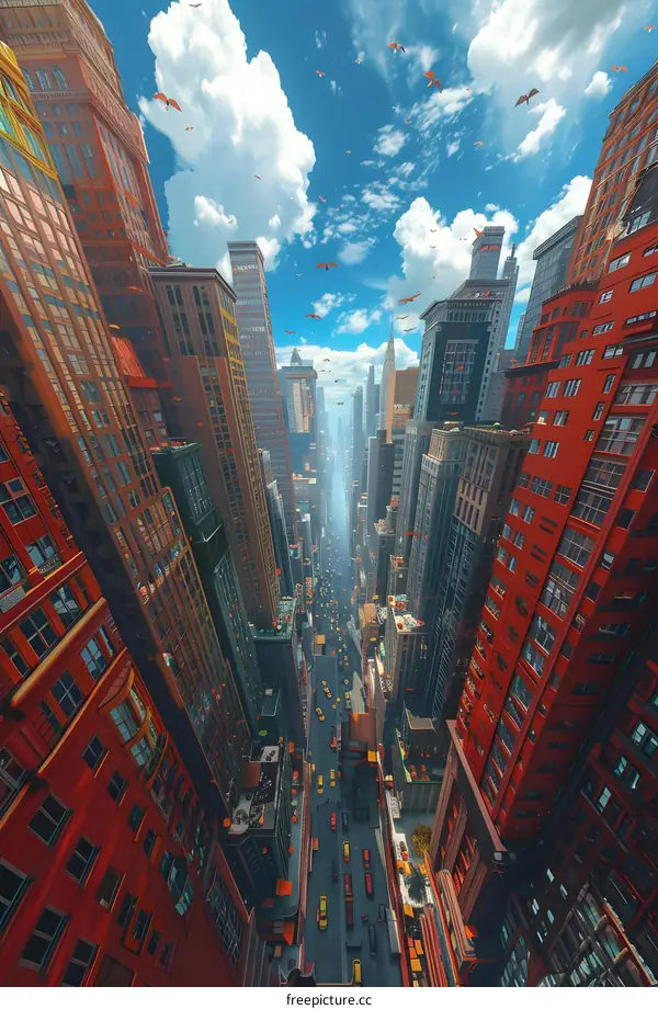 A towering city street lined with skyscrapers with many birds flying above the street