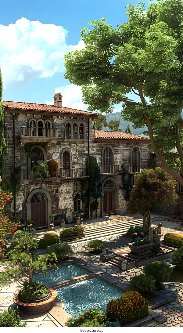 Italian Style Courtyard With Fountains And Flowers