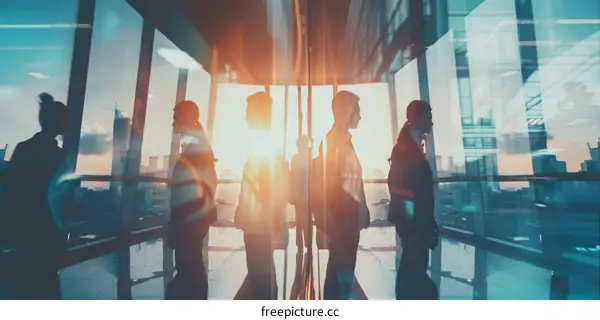 Business people standing in a modern office building looking at the city