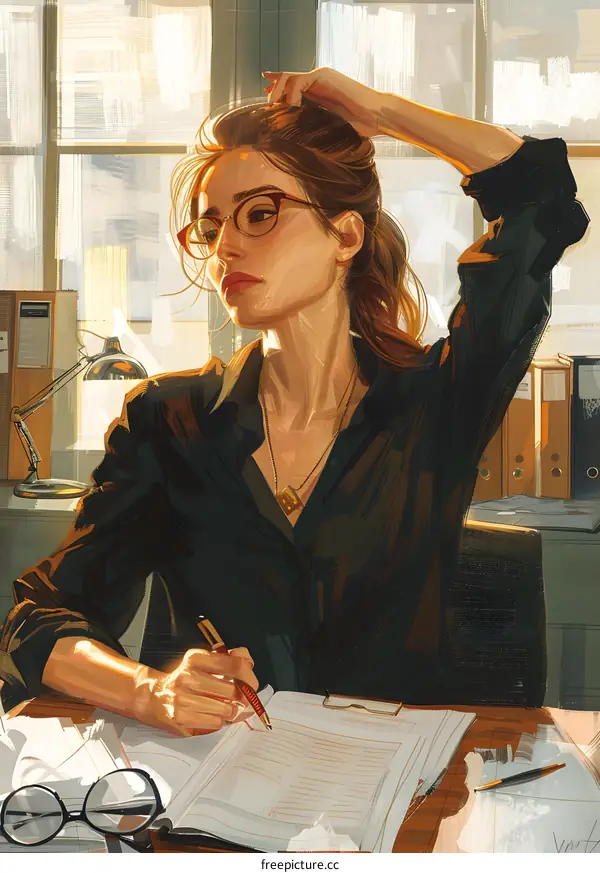 A woman in glasses is sitting at a desk, writing on a notepad.