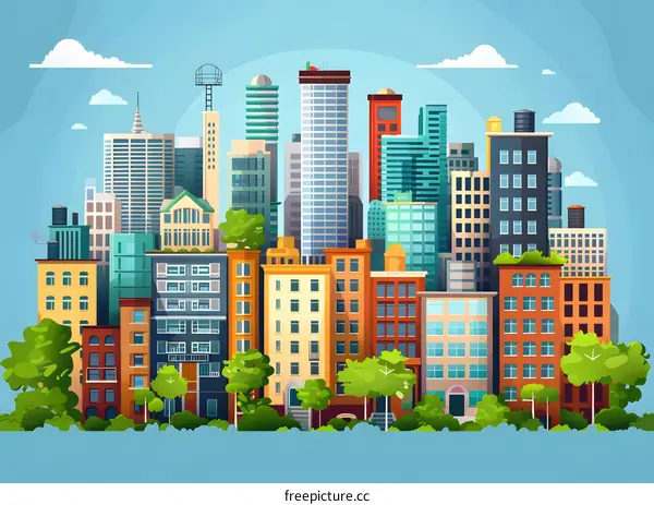 Modern Cityscape Illustration with Skyscrapers and Green Trees