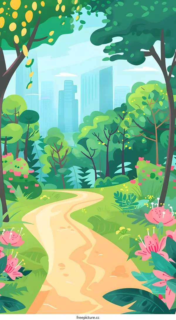 Green Path Leading to Cityscape in Lush Park