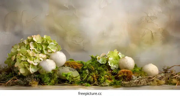 White Eggs and Green Flowers Nestled in Moss on a Stone Background