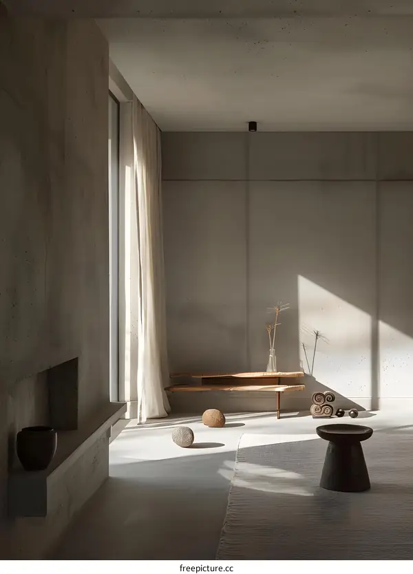 Minimalist Living Room Interior Design With Concrete Walls And Wooden Furniture