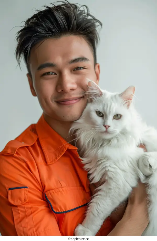 A young man is smiling and hugging a white cat