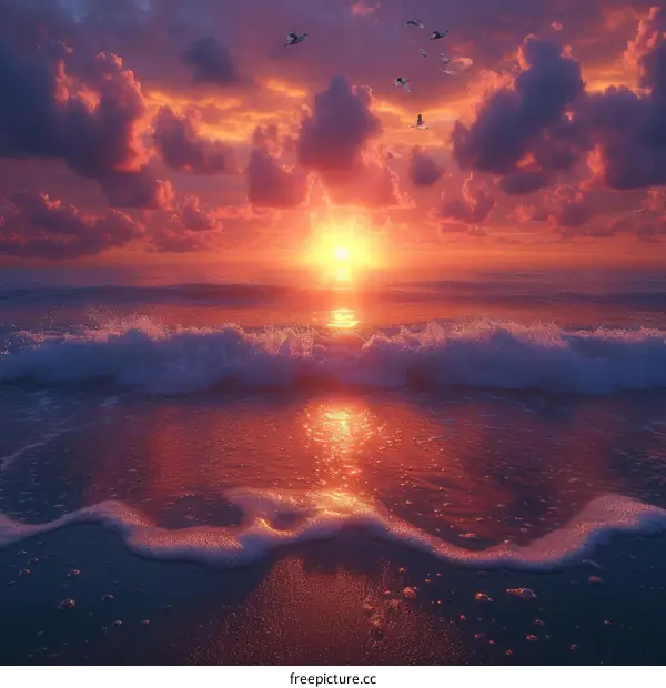 Golden Sunset over the Ocean with a Wave Coming Towards the Shore