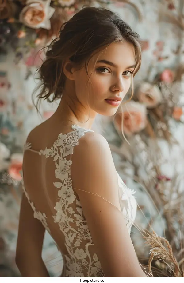 A beautiful blonde girl in a lace wedding dress with flowers in the background