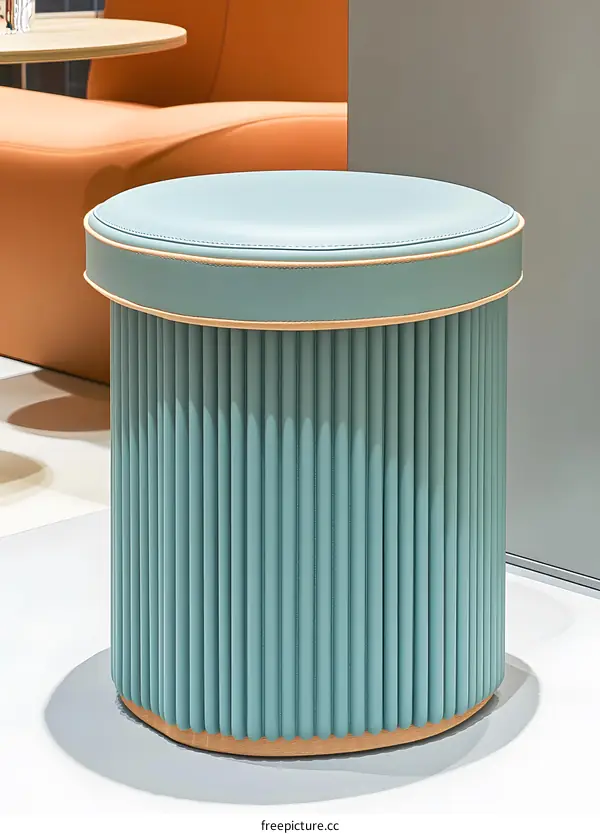 Light Blue Upholstered Stool with Wooden Base