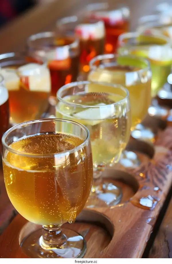 Closeup of Glasses Filled with Cider on Wooden Serving Tray