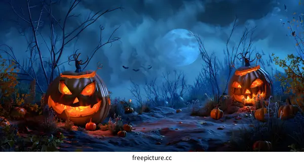 Spooky Halloween pumpkins in a spooky forest at night