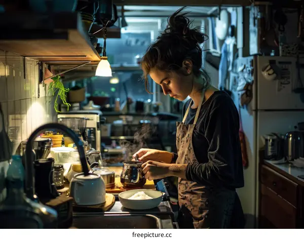 Focused young woman making tea in the kitchen
