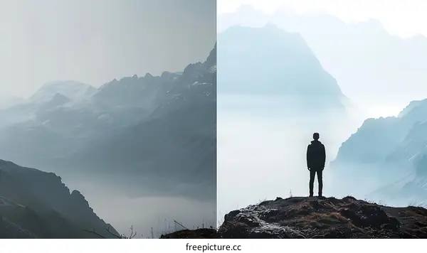 Silhouette of Man Standing on Mountaintop with Foggy Landscape