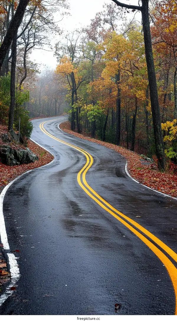 Autumnal Road Winding Through the Woods
