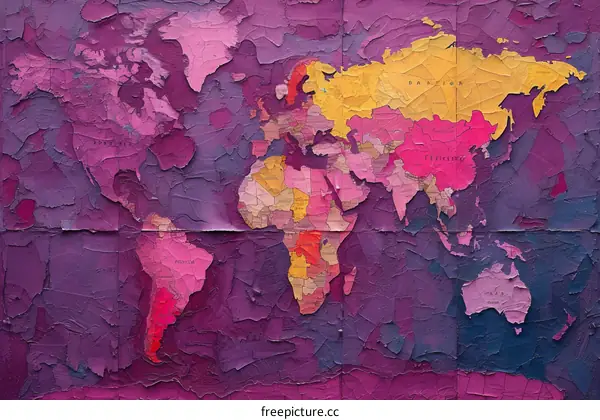 Colorful world map with cracked paint texture