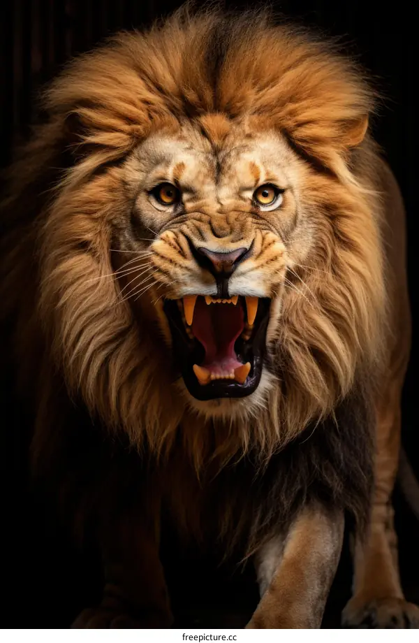 Close up of a roaring lion with a dark background