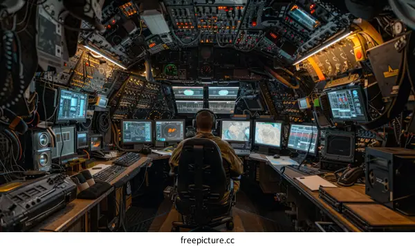The inside of a military submarine control room.